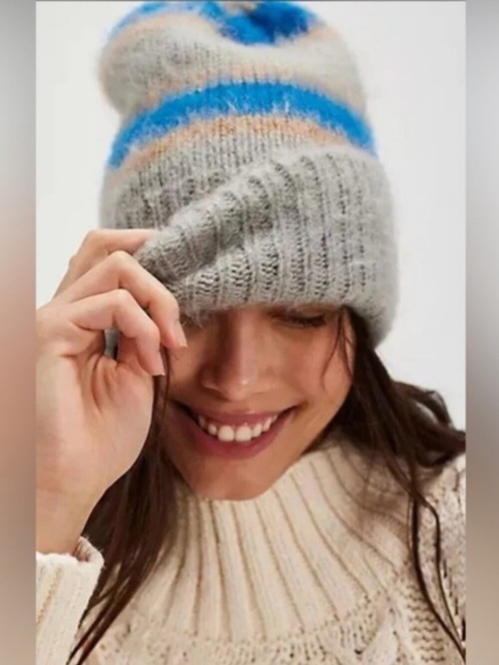 Free People NWT The Groove OS Striped Fuzzy Beanie in Gray, Blue & Tan